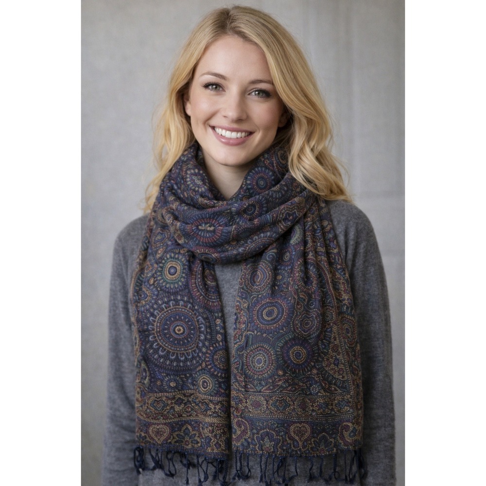 Boho Medallion Print Vintage Wool Cotton Blend Scarf Shawl Wrap Fringe 28"x72"